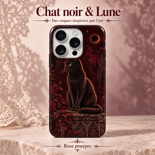 Chat noir & Lune — Rose pourpre — coque illustrée sur fond rose poudré et dentelle