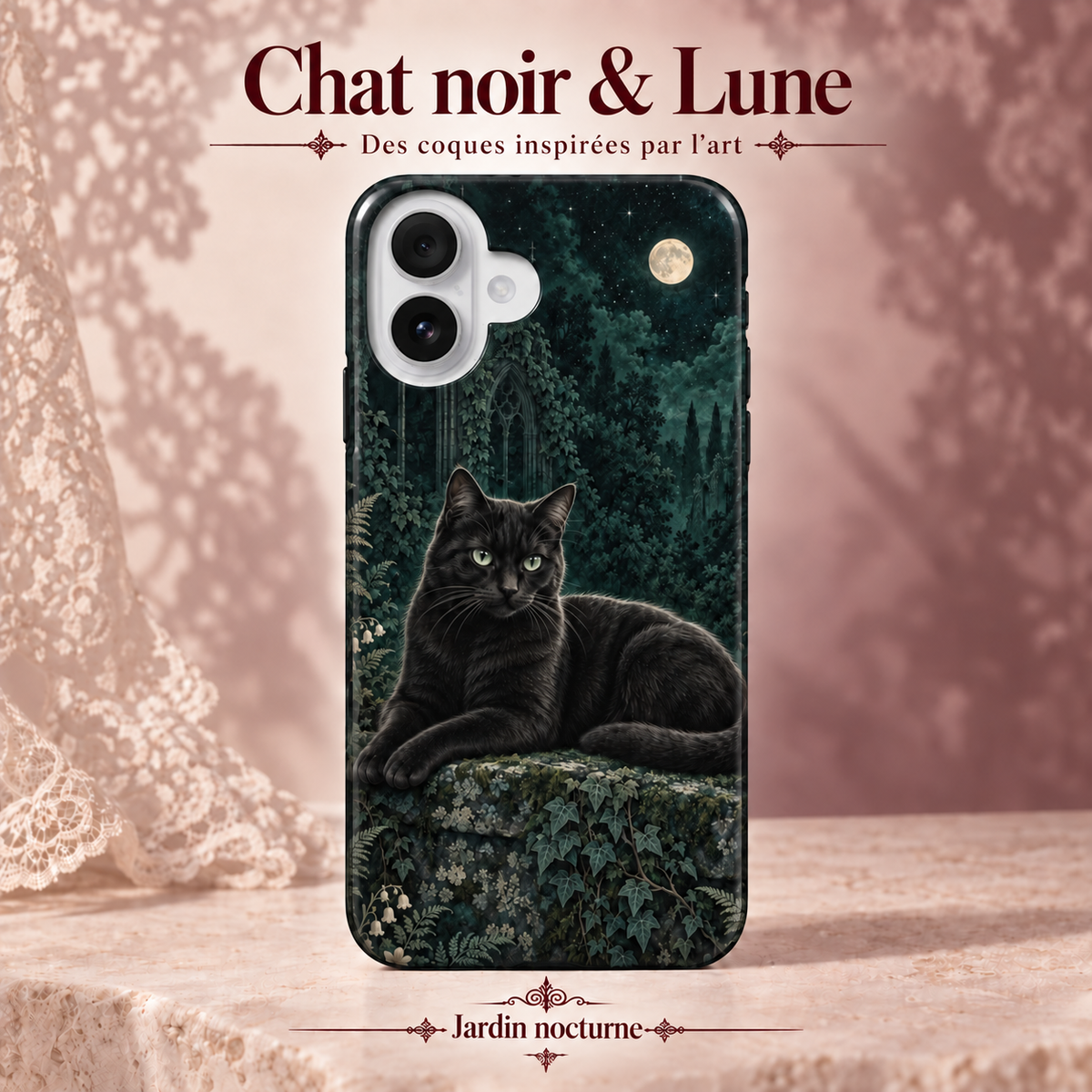 Chat noir & Lune — Jardin nocturne — coque illustrée sur fond rose poudré et dentelle