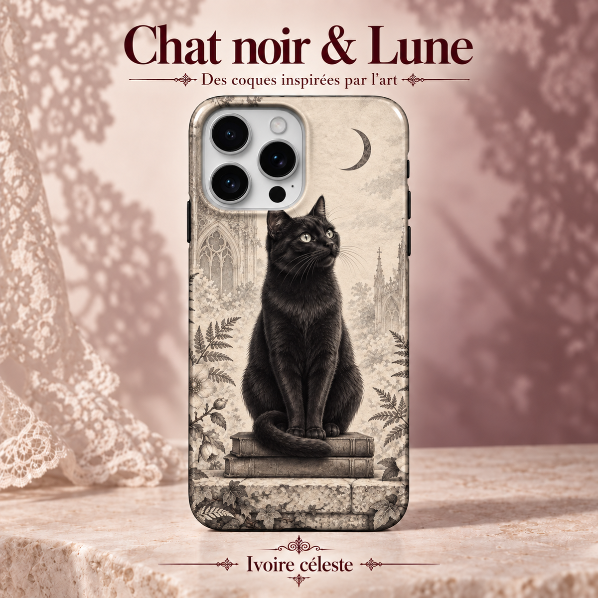 Chat noir & Lune — Ivoire céleste — coque illustrée sur fond rose poudré et dentelle