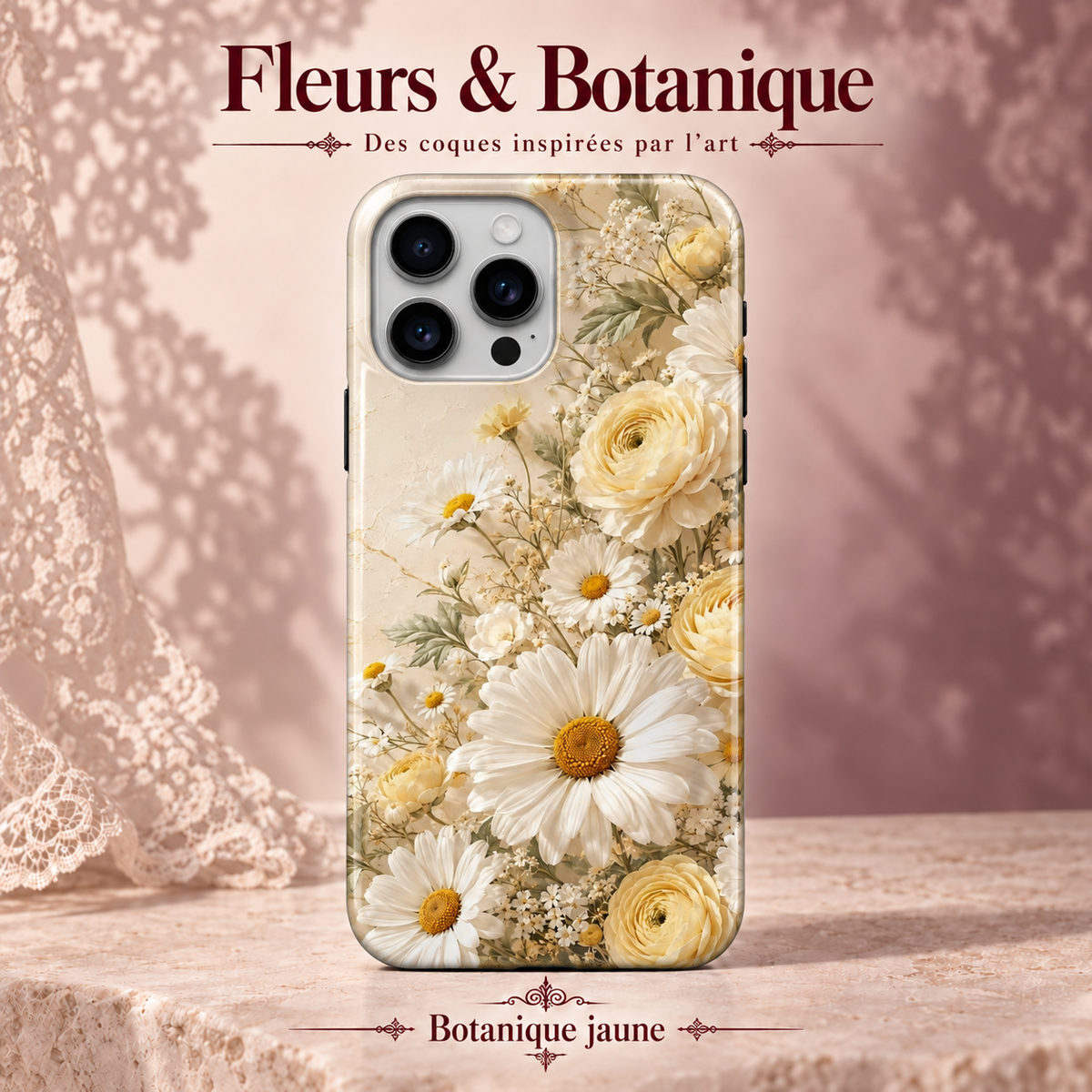 Fleurs & Botanique — Botanique jaune — coque illustrée sur fond rose poudré et dentelle