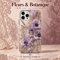 Fleurs & Botanique — Anémones lavande — coque illustrée sur fond rose poudré et dentelle