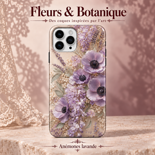 Fleurs & Botanique — Anémones lavande — coque illustrée sur fond rose poudré et dentelle