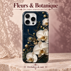 Fleurs & Botanique — Orchidées de nuit — coque illustrée sur fond rose poudré et dentelle