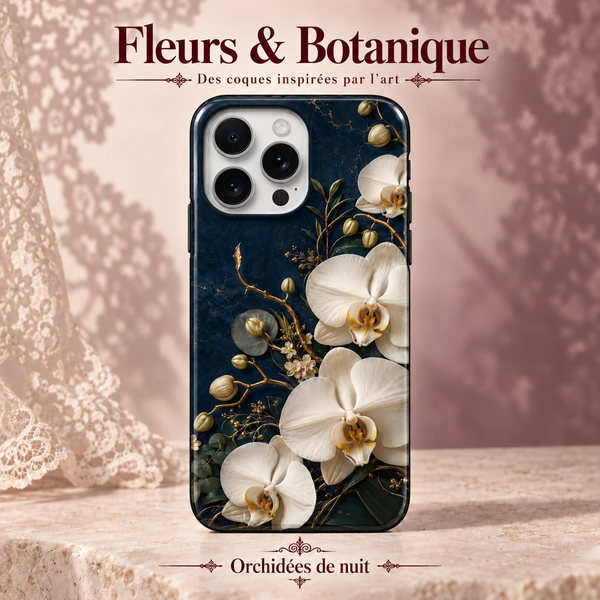 Fleurs & Botanique — Orchidées de nuit — coque illustrée sur fond rose poudré et dentelle