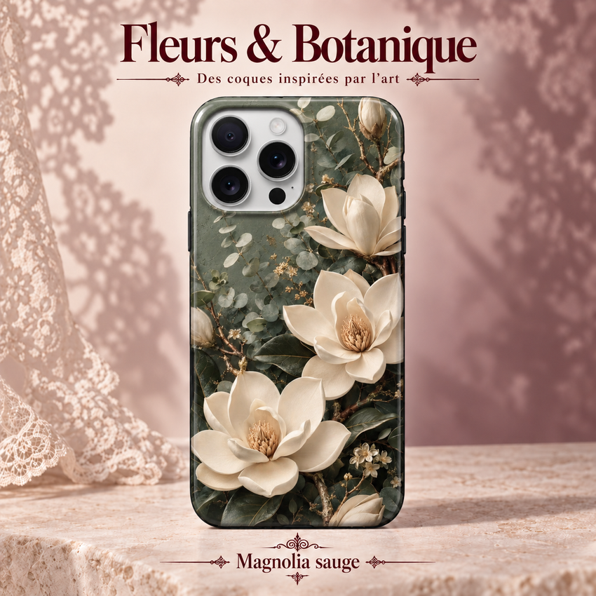 Fleurs & Botanique — Magnolia sauge — coque illustrée sur fond rose poudré et dentelle