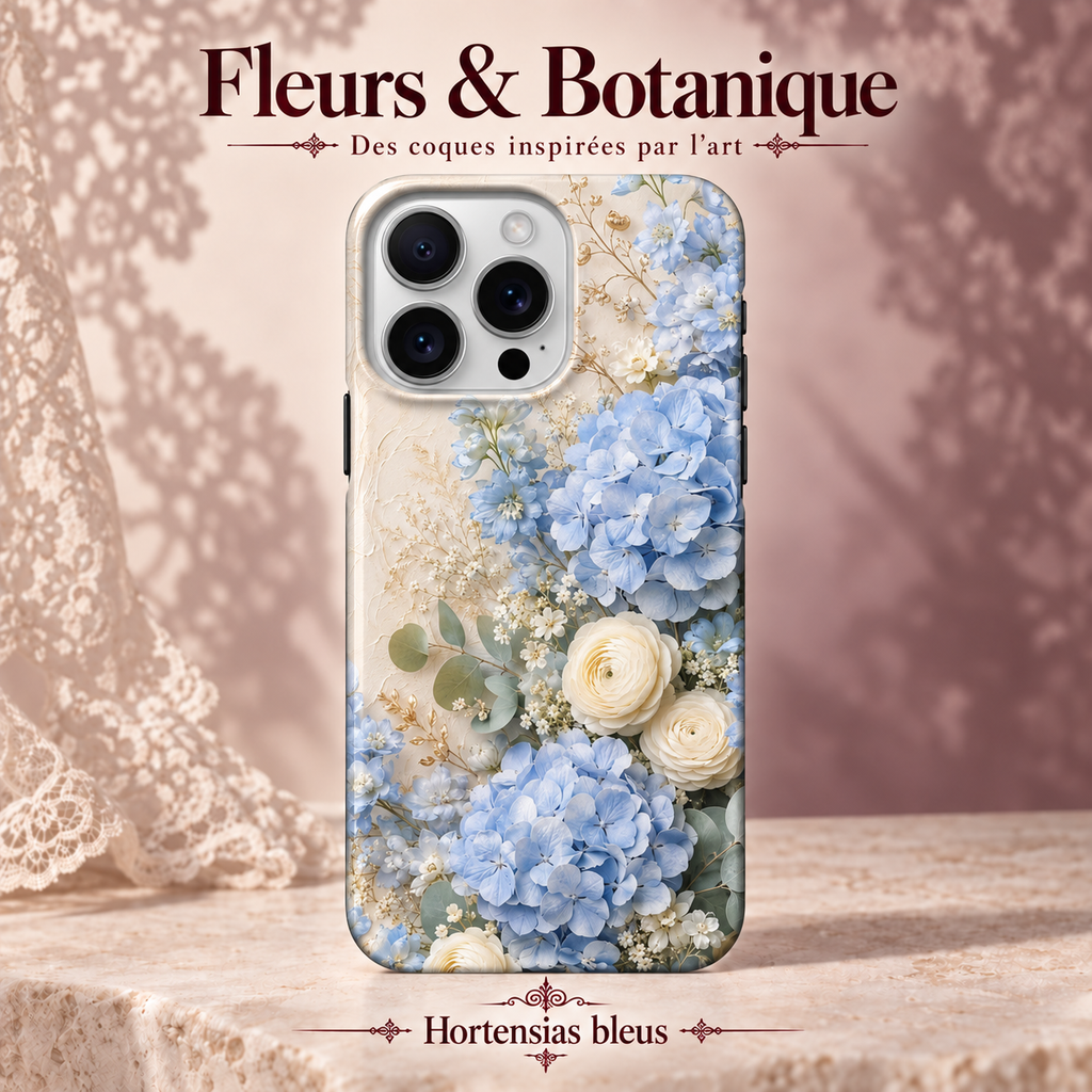 Fleurs & Botanique — Hortensias bleus — coque illustrée sur fond rose poudré et dentelle