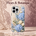 Fleurs & Botanique — Hortensias bleus — coque illustrée sur fond rose poudré et dentelle