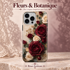 Fleurs & Botanique — Roses bordeaux — coque illustrée sur fond rose poudré et dentelle