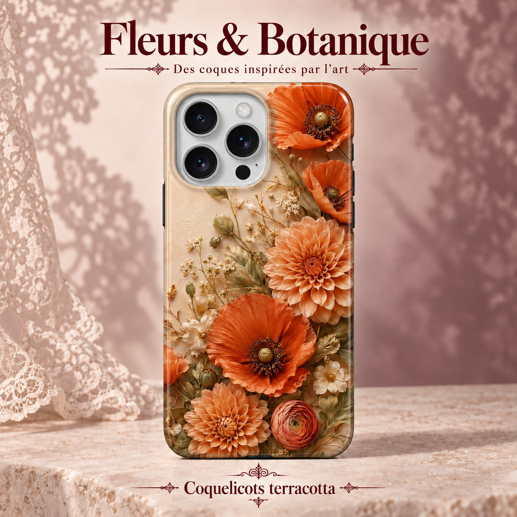 Fleurs & Botanique — Coquelicots terracotta — coque illustrée sur fond rose poudré et dentelle