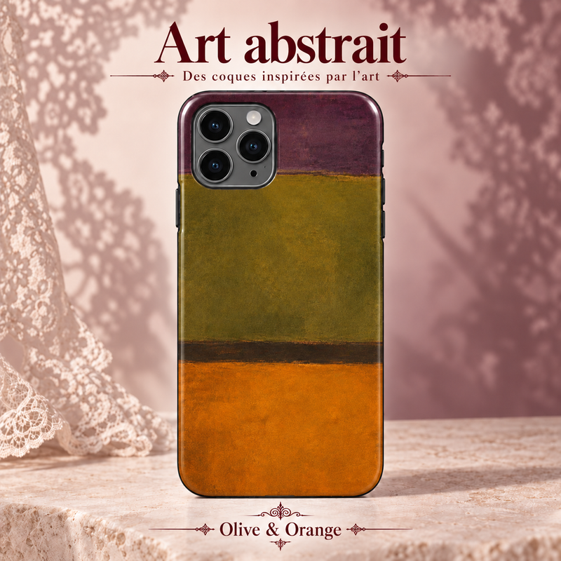 Art abstrait — Olive & Orange — coque illustrée sur fond rose poudré et dentelle