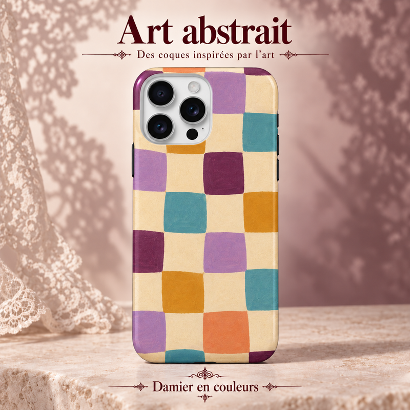 Art abstrait — Damier en couleurs — coque illustrée sur fond rose poudré et dentelle