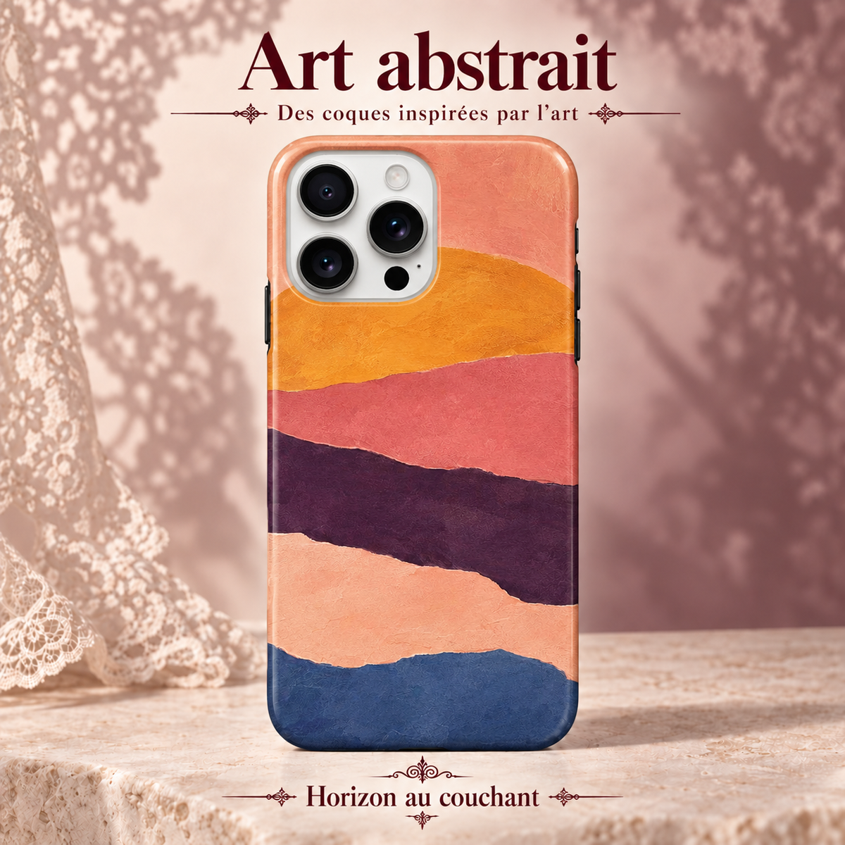 Art abstrait — Horizon au couchant — coque illustrée sur fond rose poudré et dentelle