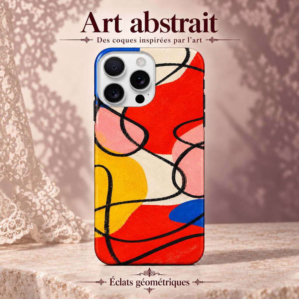 Art abstrait — Éclats géométriques — coque illustrée sur fond rose poudré et dentelle