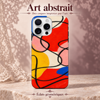Art abstrait — Éclats géométriques — coque illustrée sur fond rose poudré et dentelle