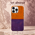 Art abstrait — Orange & Violet — coque illustrée sur fond rose poudré et dentelle