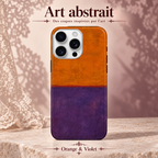 Art abstrait — Orange & Violet — coque illustrée sur fond rose poudré et dentelle