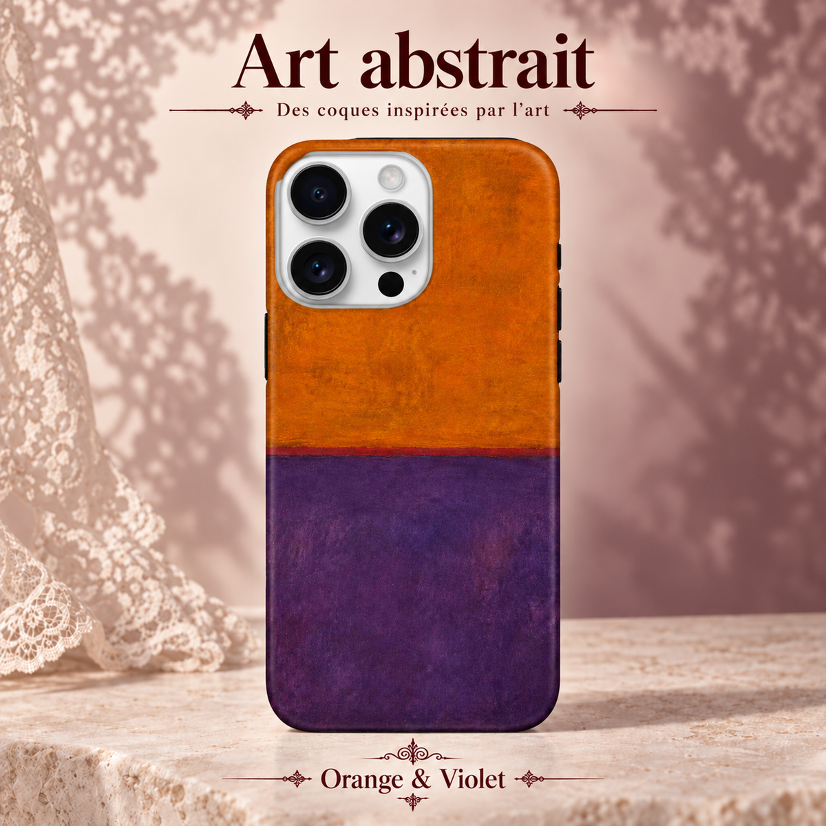 Art abstrait — Orange & Violet — coque illustrée sur fond rose poudré et dentelle