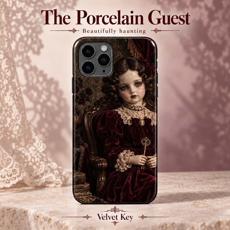 The Porcelain Guest — Velvet Key — coque illustrée sur fond rose poudré et dentelle