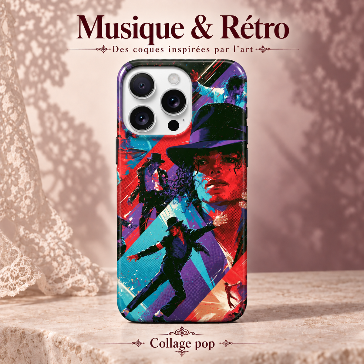 Musique & Rétro — Scène bleue — Collage pop — coque sur fond rose poudré et dentelle