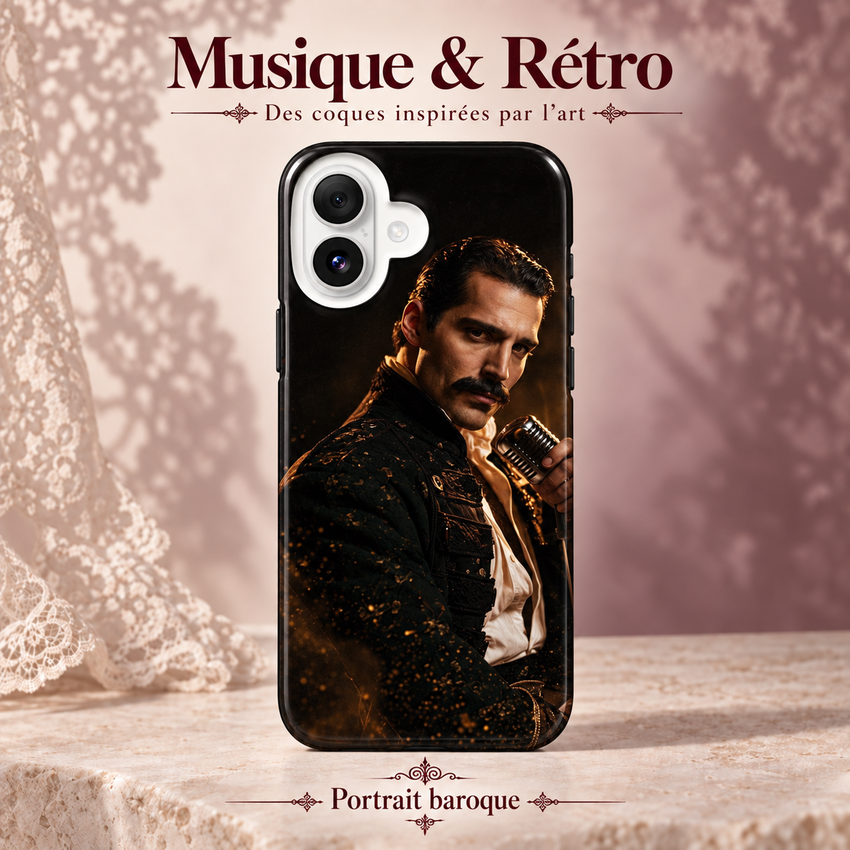 Musique & Rétro — Concert pop — Portrait baroque — coque sur fond rose poudré et dentelle