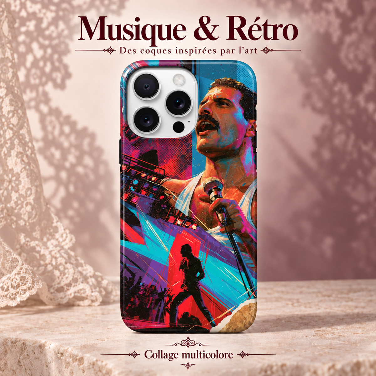 Musique & Rétro — Concert pop — Collage multicolore — coque sur fond rose poudré et dentelle