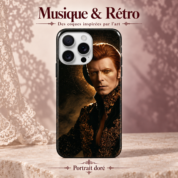 Musique & Rétro — Scène rouge — Portrait doré — coque sur fond rose poudré et dentelle