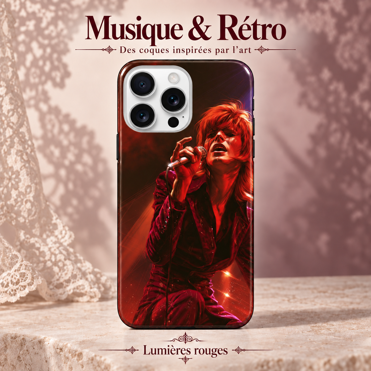 Musique & Rétro — Scène rouge — Lumières rouges — coque sur fond rose poudré et dentelle