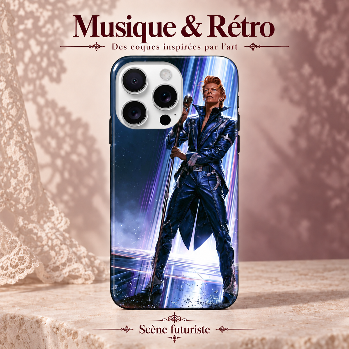 Musique & Rétro — Scène rouge — Scène futuriste — coque sur fond rose poudré et dentelle