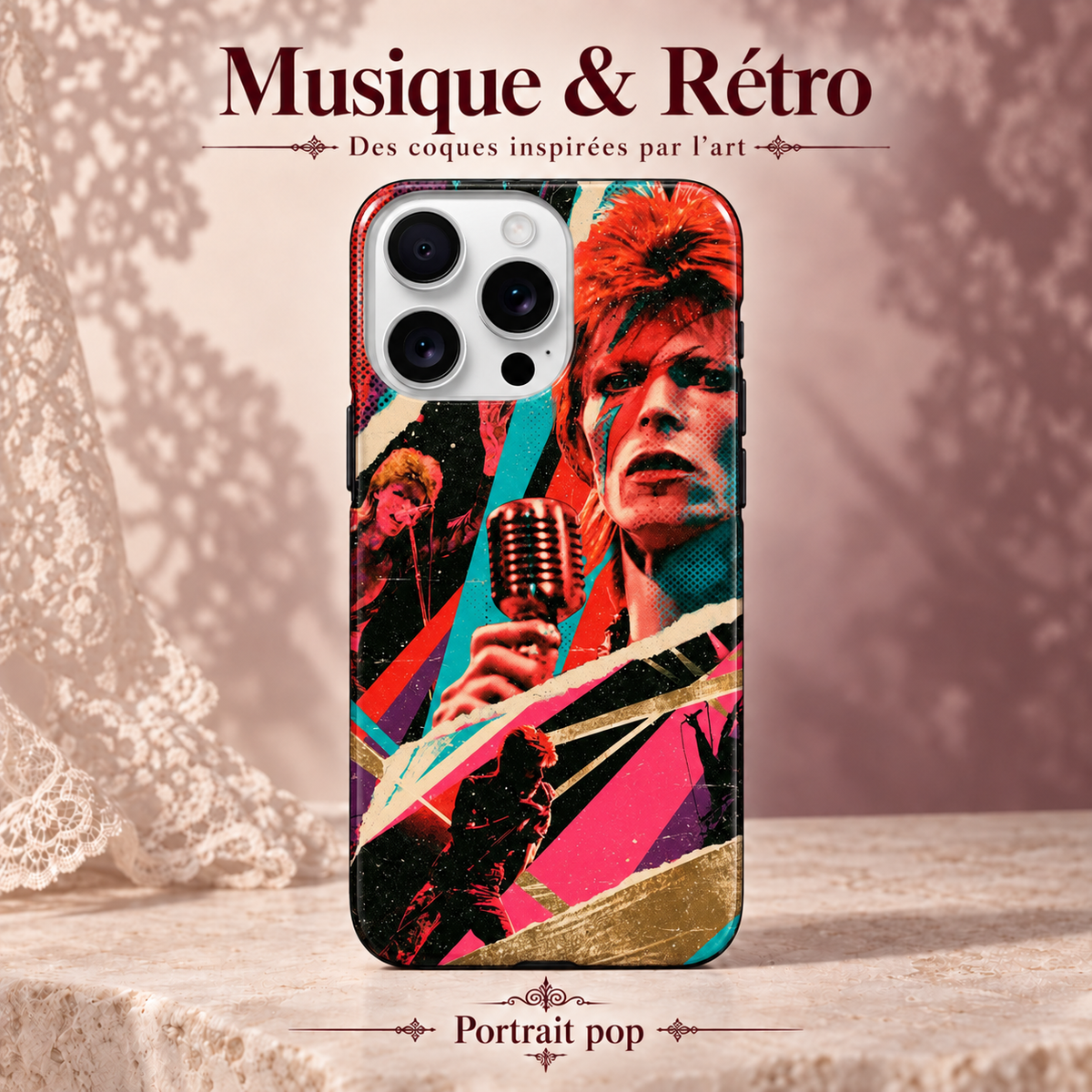 Musique & Rétro — Scène rouge — Portrait pop — coque sur fond rose poudré et dentelle