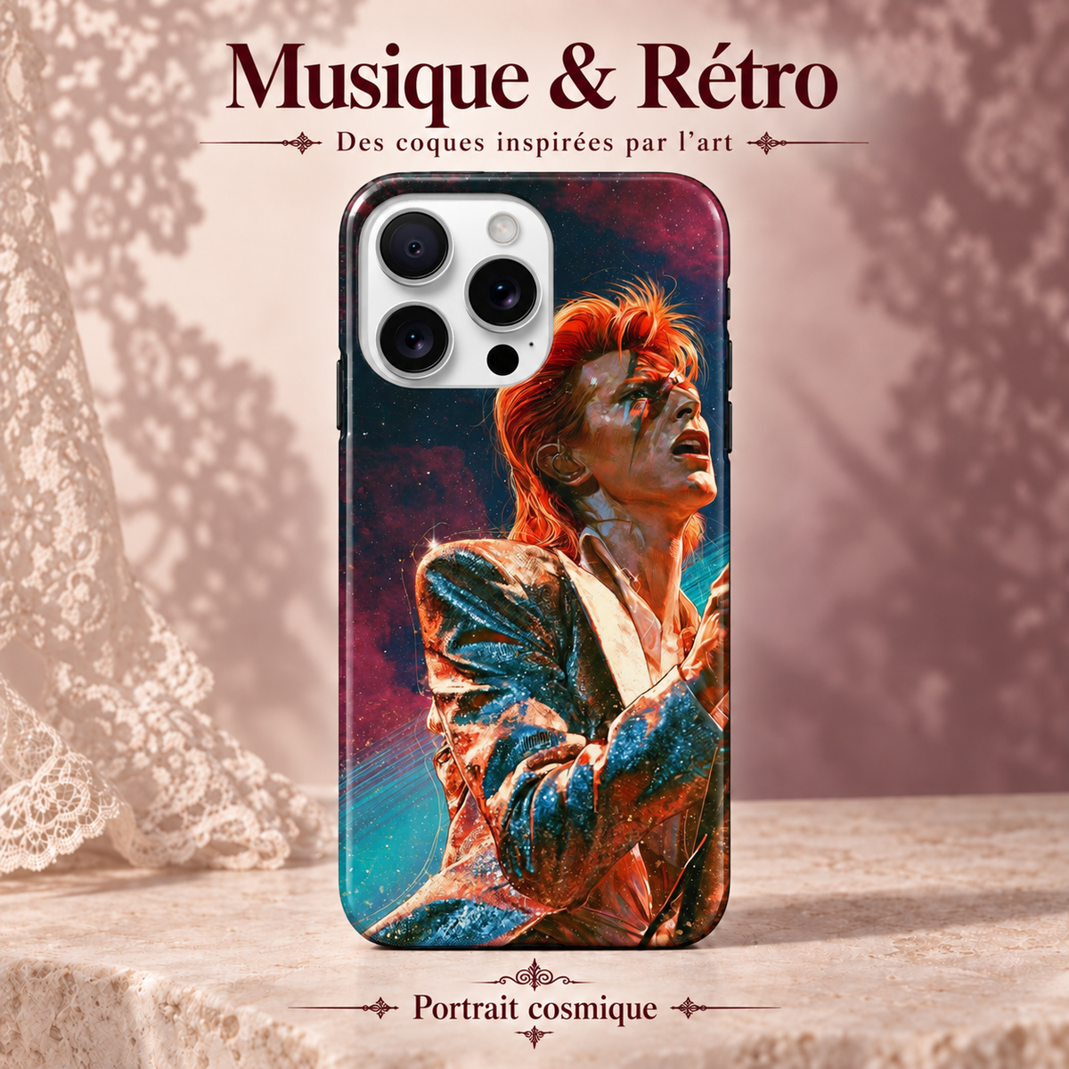 Musique & Rétro — Scène rouge — Portrait cosmique — coque sur fond rose poudré et dentelle