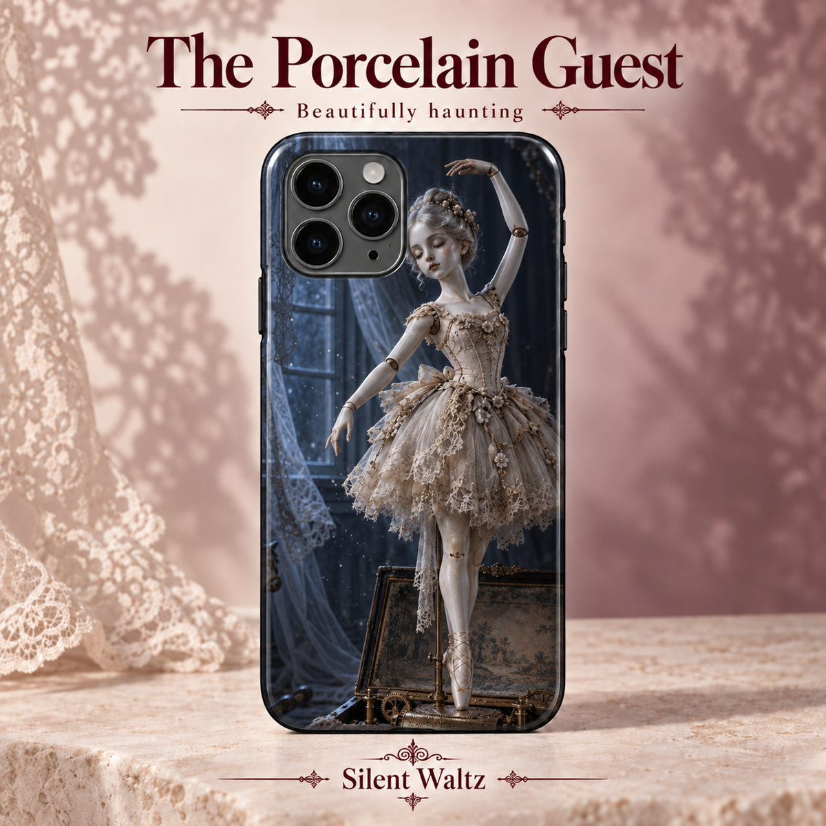 The Porcelain Guest — Silent Waltz — coque illustrée sur fond rose poudré et dentelle