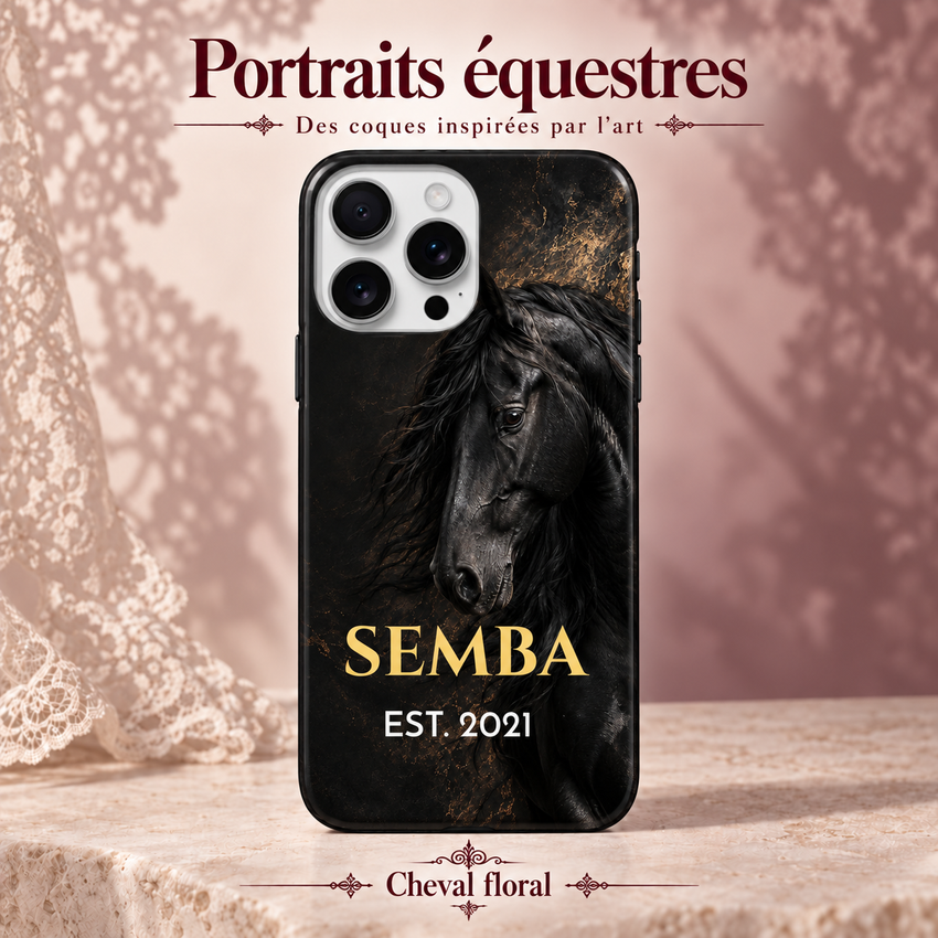 Cheval floral — coque personnalisée, collection Portraits équestres, décor rose poudré