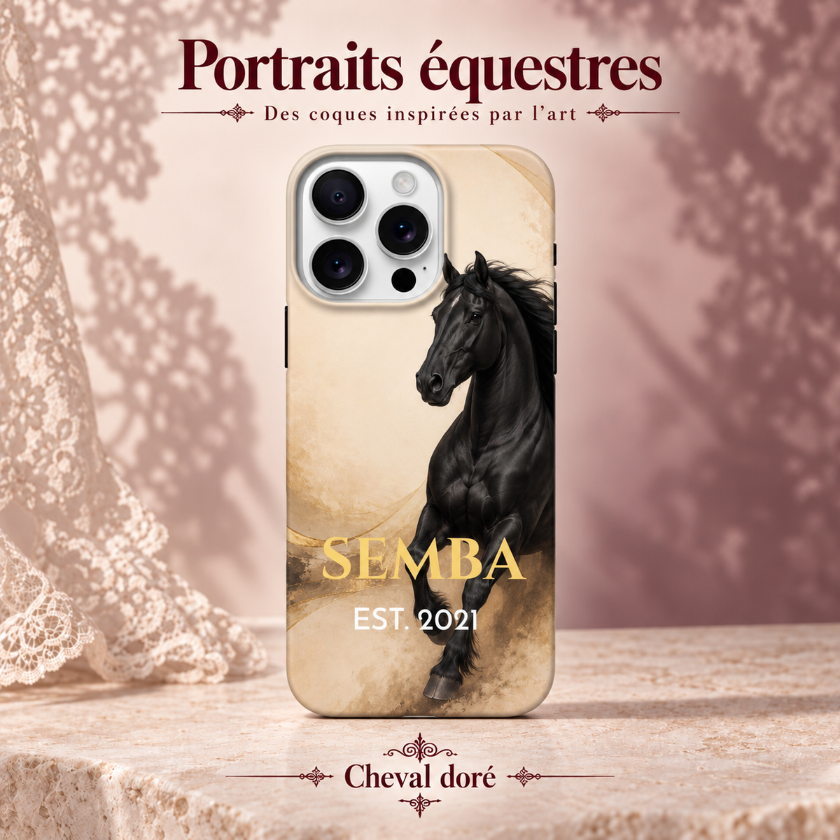 Cheval doré — coque personnalisée, collection Portraits équestres, décor rose poudré