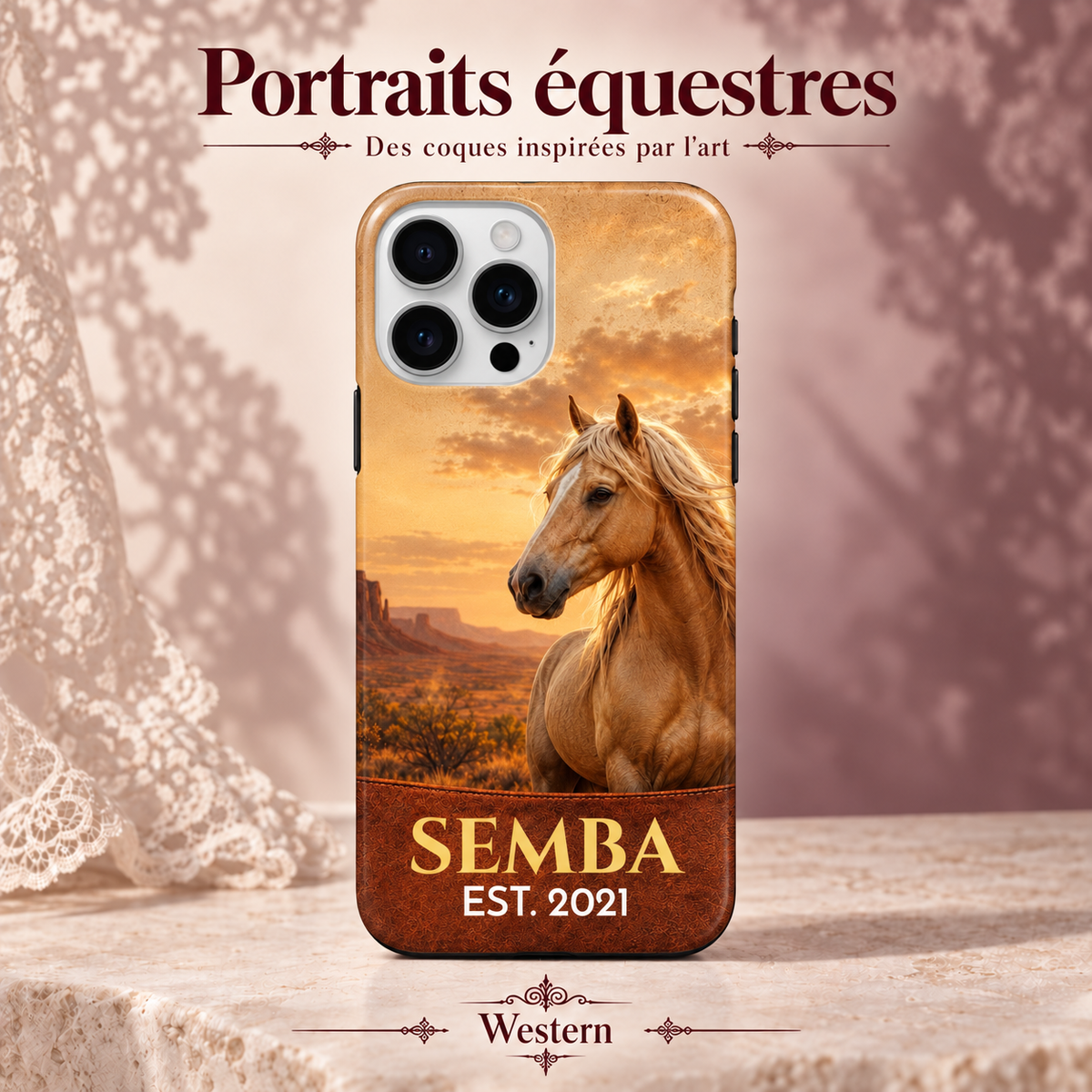 Western — coque personnalisée, collection Portraits équestres, décor rose poudré