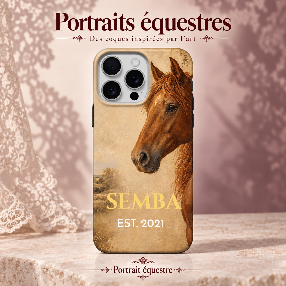 Portrait équestre — coque personnalisée, collection Portraits équestres, décor rose poudré