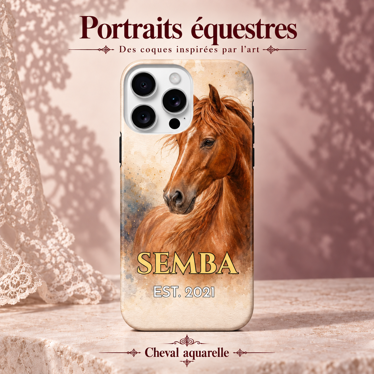 Cheval aquarelle — coque personnalisée, collection Portraits équestres, décor rose poudré