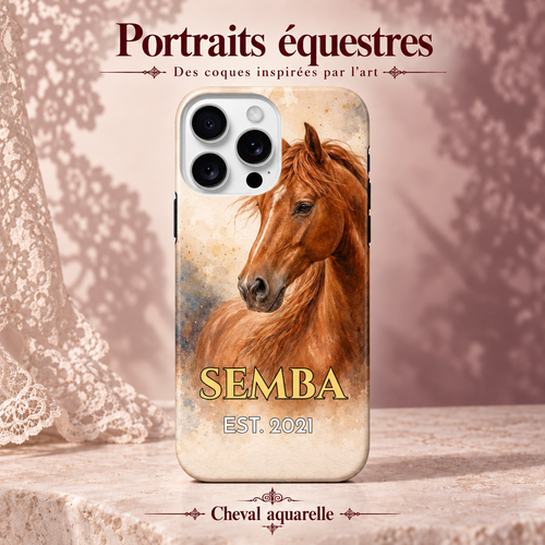 Cheval aquarelle — coque personnalisée, collection Portraits équestres, décor rose poudré