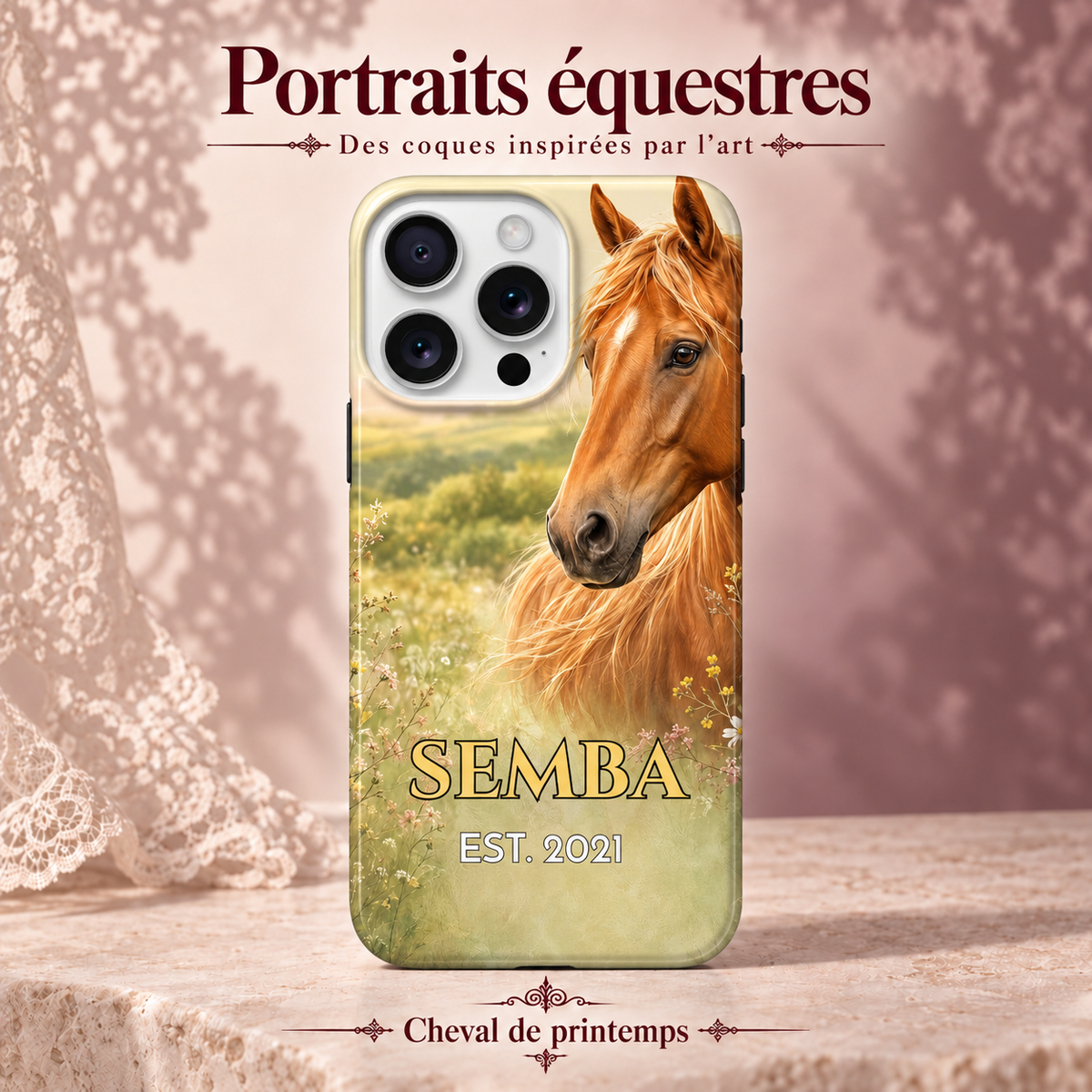 Cheval de printemps — coque personnalisée, collection Portraits équestres, décor rose poudré