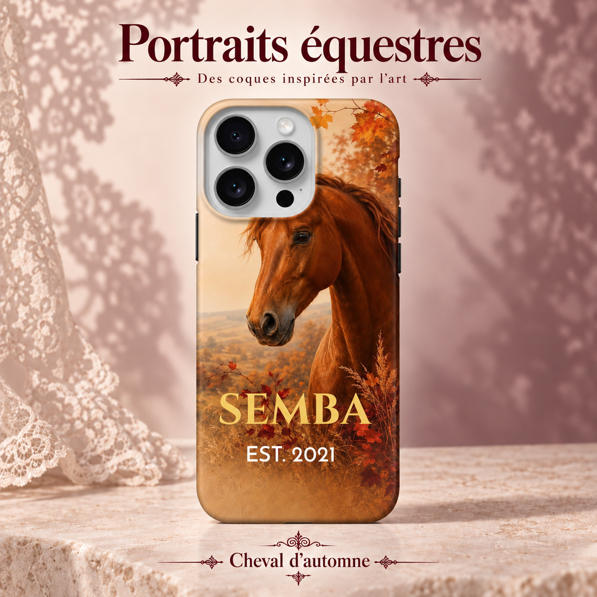Cheval d’automne — coque personnalisée, collection Portraits équestres, décor rose poudré