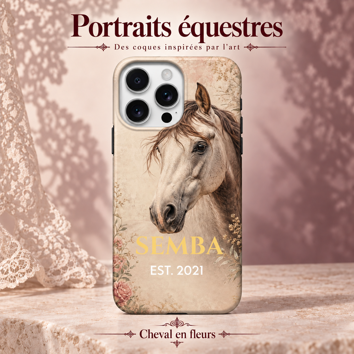 Cheval en fleurs — coque personnalisée, collection Portraits équestres, décor rose poudré